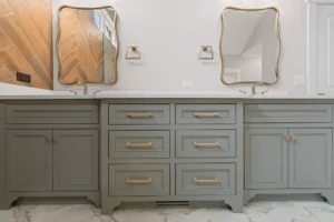 High-quality custom bathroom vanity and storage cabinetry with modern finishes by Borough Woodworks