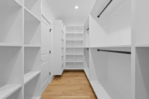 Solid birch plywood custom closet system with durable shelving and hanging space