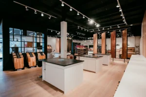 Functional custom workspaces and stations built by Borough Woodworks for Weeks Hardwood Flooring team in Greensboro, combining durable surfaces, efficient layout, and polished woodworking to support daily operations and client consultations.